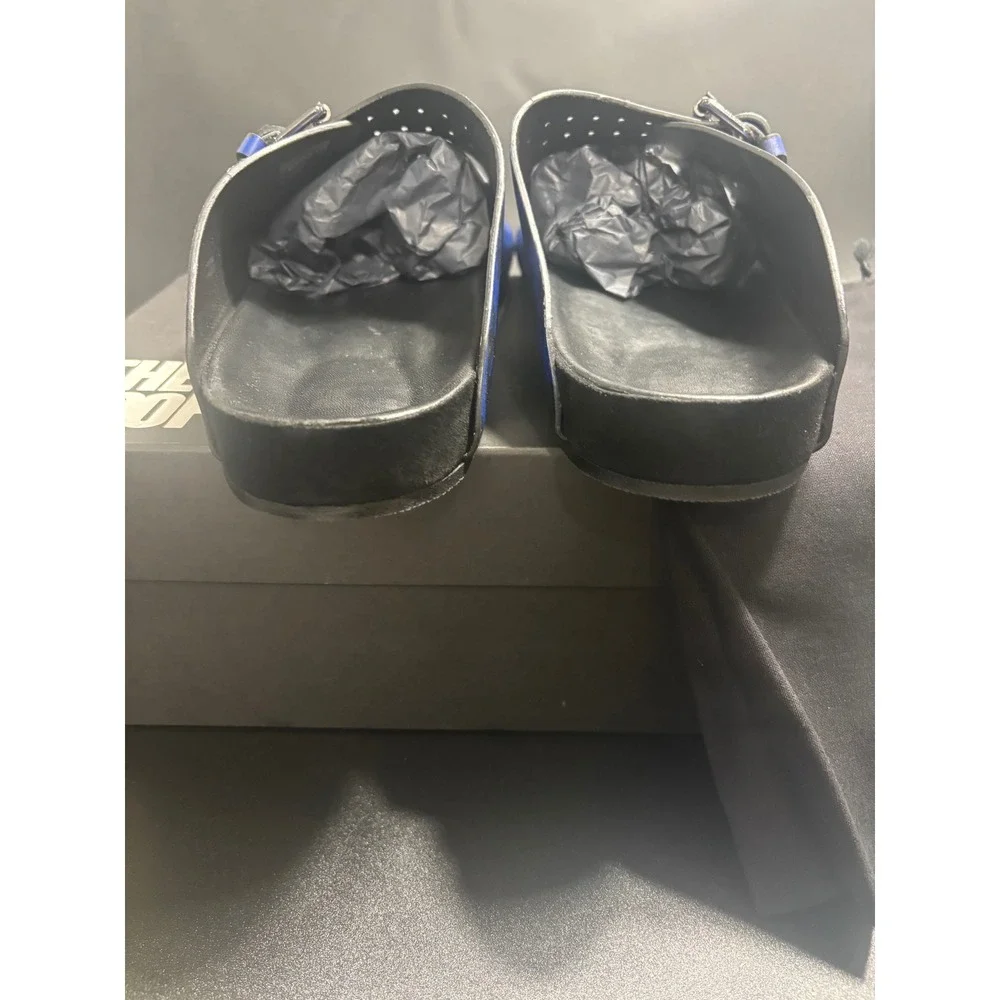 The Kooples NEW Leopard Print Slides Sandals Buckle Accents Blue Black FR 45/U11